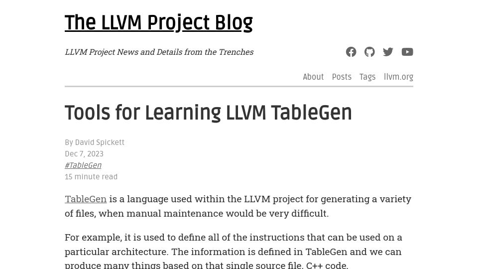 Screenshot of blog.llvm.org: Tools for Learning LLVM TableGen