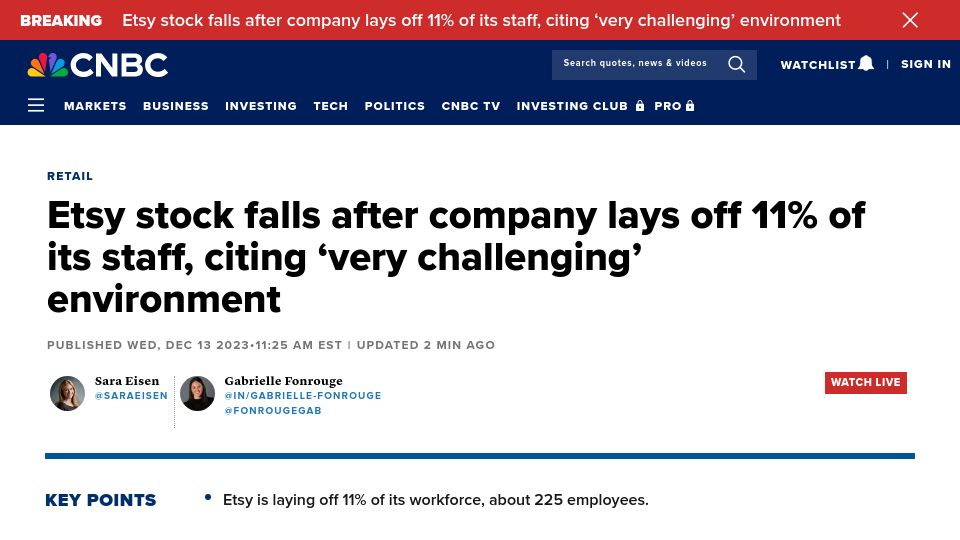 Screenshot of cnbc.com: Etsy is laying off 11% of its staff
