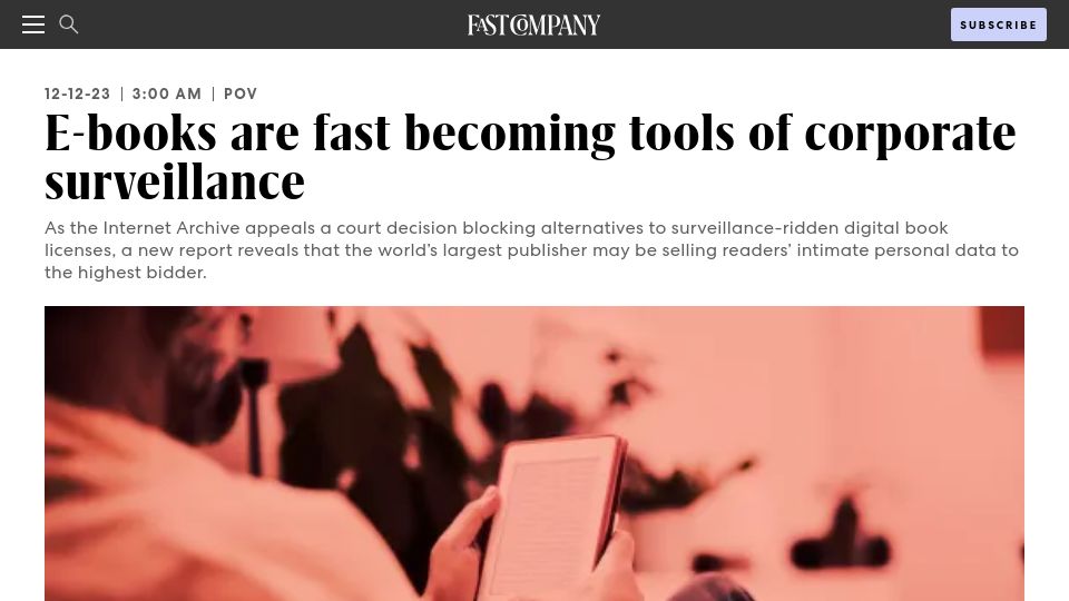 Screenshot of fastcompany.com: E-books are becoming tools of corporate surveillance