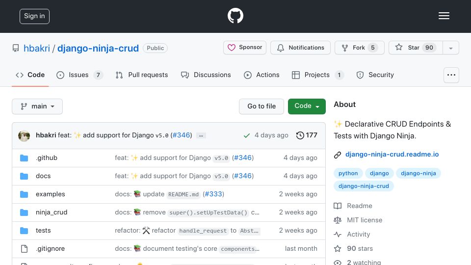 Screenshot of github.com: Show HN: Django Ninja CRUD – Rethinking CRUD Operations in Django