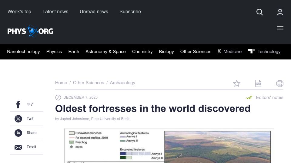 Screenshot of phys.org: Oldest Fortresses in the World Discovered