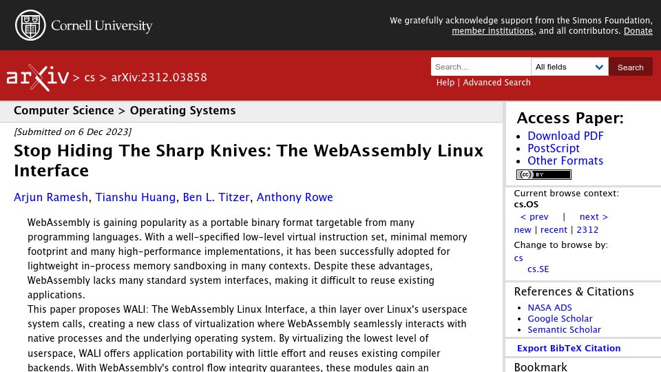 Screenshot of arxiv.org: Stop Hiding the Sharp Knives: The WebAssembly Linux Interface