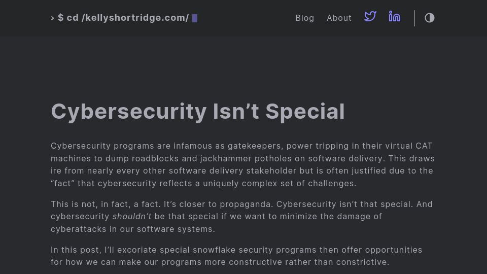 Screenshot of kellyshortridge.com: Cybersecurity Isn't Special
