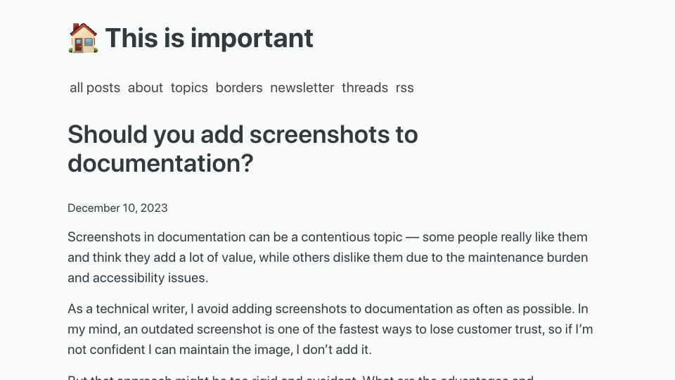 Screenshot of thisisimportant.net: Should you add screenshots to documentation?