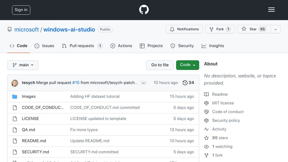 Screenshot of github.com: Windows AI Studio Preview