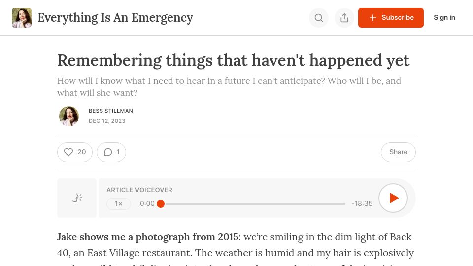 Screenshot of bessstillman.substack.com: Remembering things that haven't happened yet