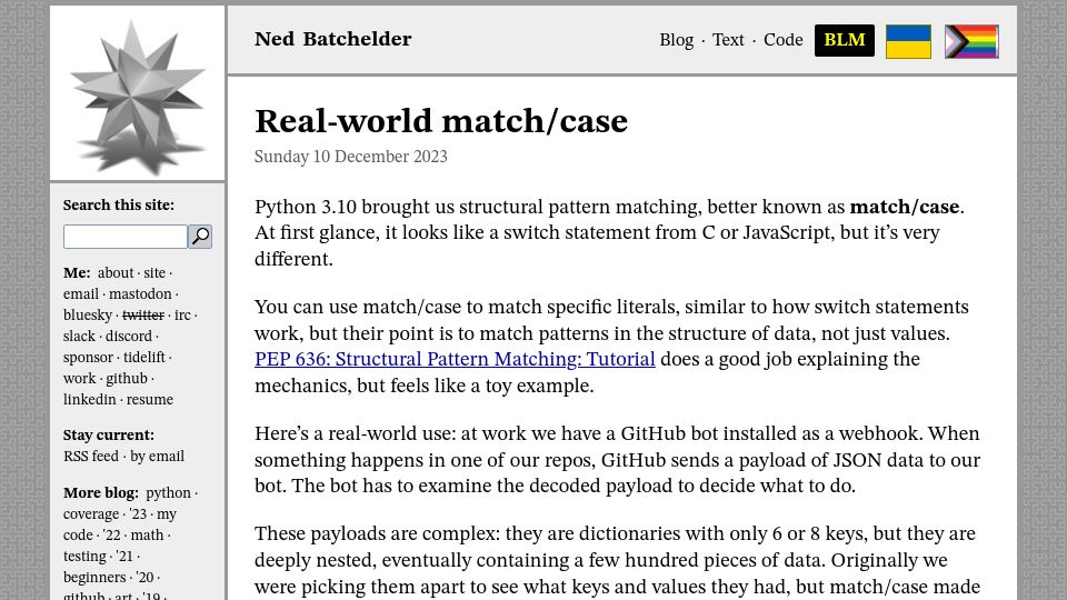 Screenshot of nedbatchelder.com: Real-world match/case
