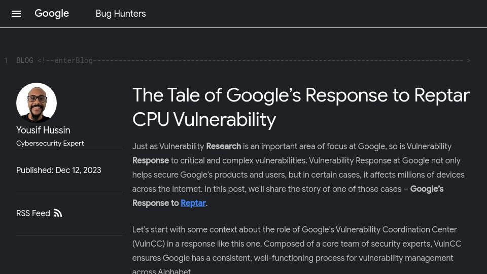 Screenshot of bughunters.google.com: Google's response to Reptar CPU vulnerability