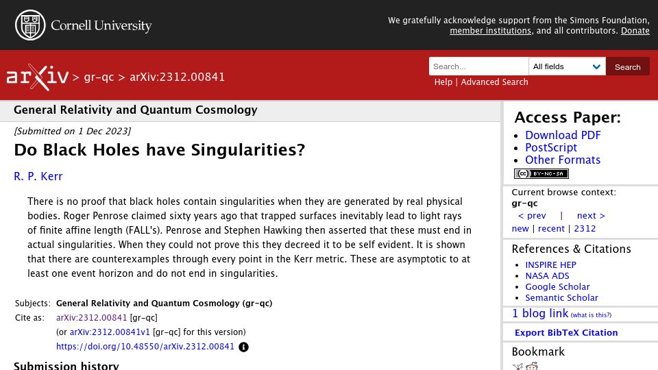 Screenshot of arxiv.org: Do black holes have singularities?