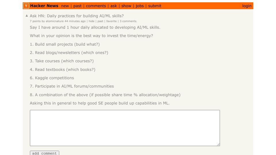 Screenshot of Hacker News post: Ask HN: Daily practices for building AI/ML skills?