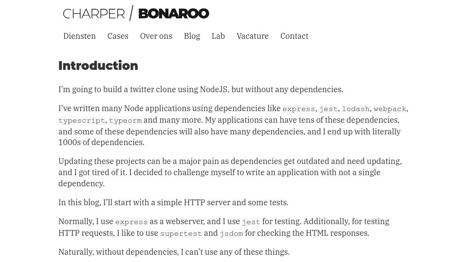 Screenshot of bonaroo.nl: Building Node.js applications without dependencies