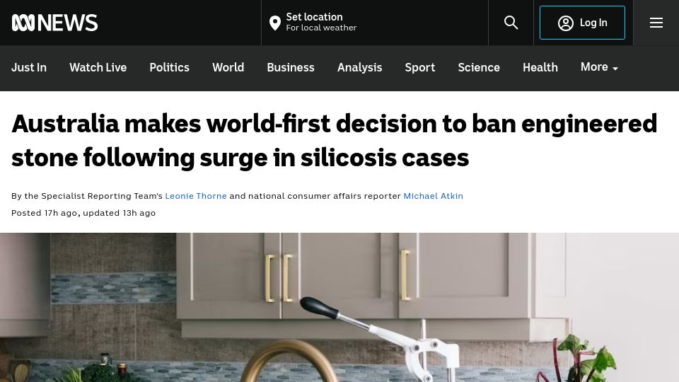 Screenshot of abc.net.au: Australia to ban engineered stone
