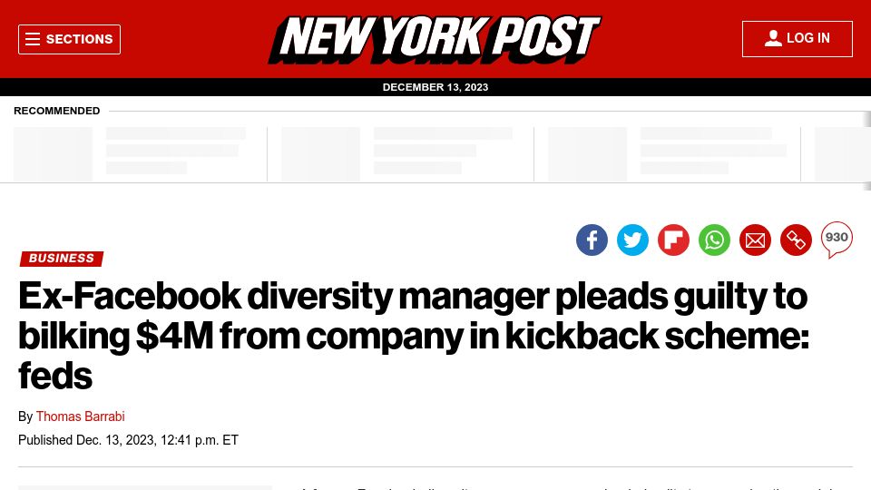 Screenshot of nypost.com: Ex-Facebook diversity manager pleads guilty to bilking $4M from company