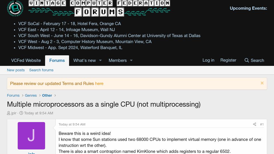 Screenshot of forum.vcfed.org: Multiple microprocessors as a single CPU (not multiprocessing)