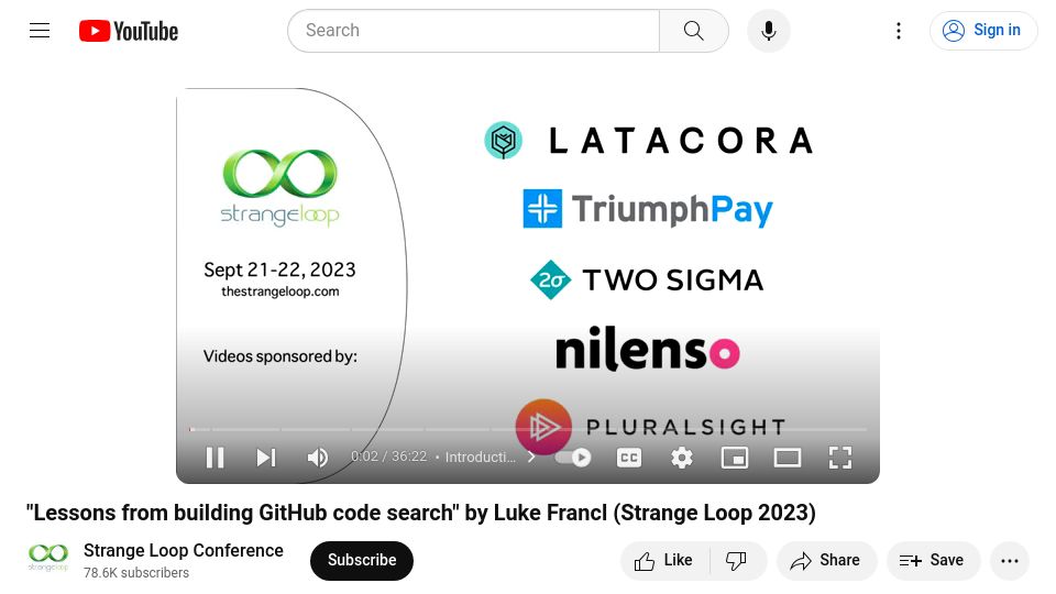 Screenshot of youtube.com: Lessons from building GitHub code search [video]