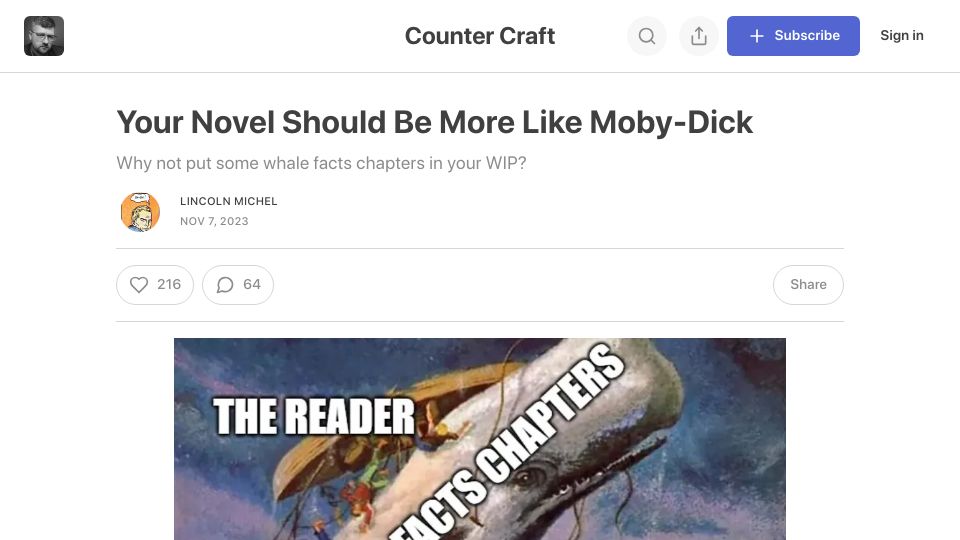 Screenshot of countercraft.substack.com: The whale fact chapters in Moby-Dick are among the most memorable