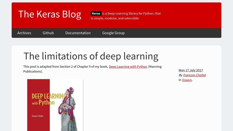 Screenshot of blog.keras.io: The limitations of deep learning (2017)