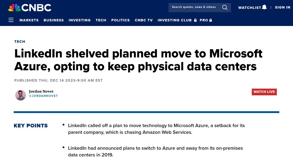 Screenshot of cnbc.com: LinkedIn shelved plan to migrate to Microsoft Azure cloud