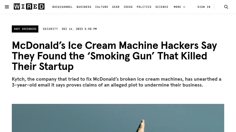 Screenshot of wired.com: McDonald's ice cream machine hackers say they found 'smoking gun'