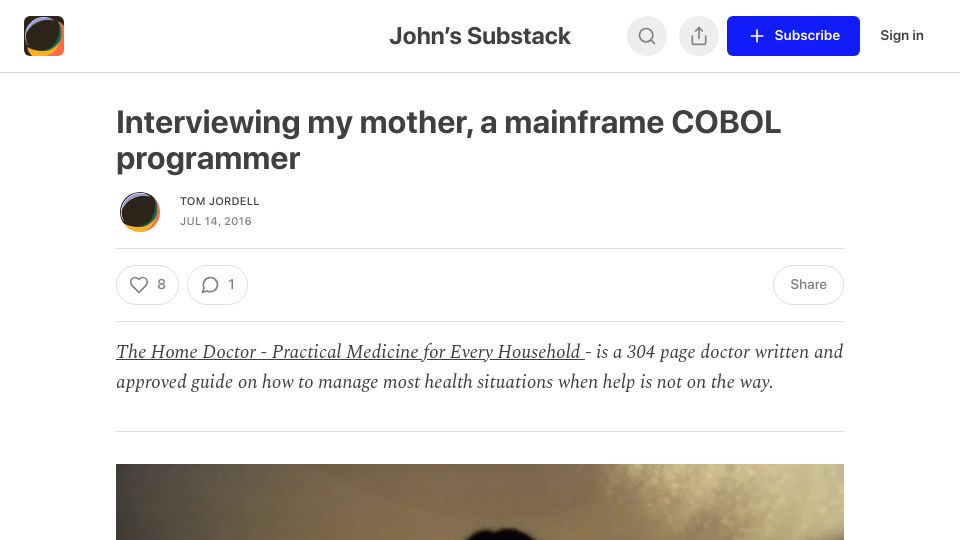 Screenshot of ezali.substack.com: Interviewing my mother, a mainframe COBOL programmer (2016)