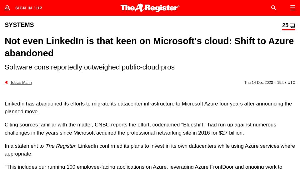 Screenshot of theregister.com: Not even LinkedIn is that keen on Microsoft's cloud: Shift to Azure abandoned