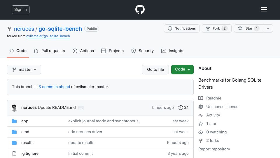 Screenshot of github.com: Show HN: My Go SQLite driver did poorly on a benchmark, so I fixed it