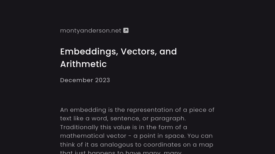 Screenshot of montyanderson.net: Embeddings, vectors, and arithmetic