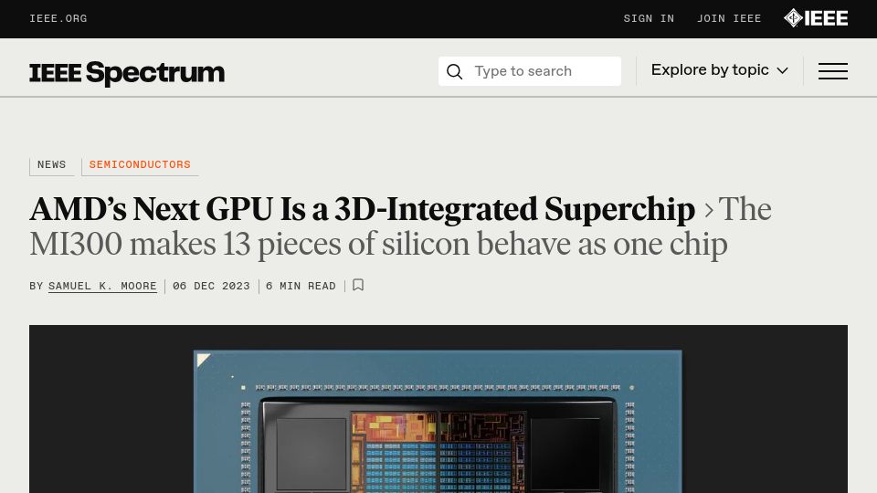 Screenshot of spectrum.ieee.org: AMD's Next GPU Is a 3D-Integrated Superchip