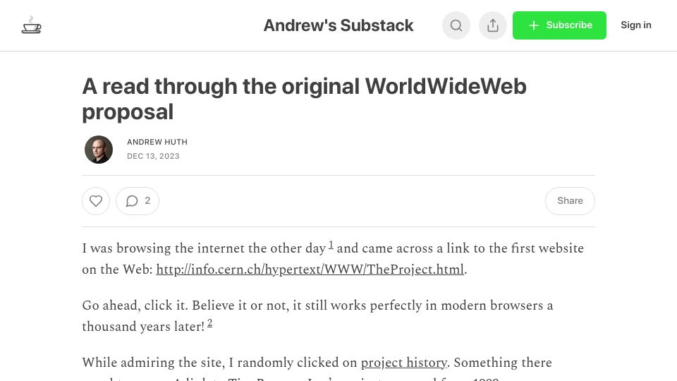 Screenshot of andrewhuth.substack.com: A read through the original WorldWideWeb proposal