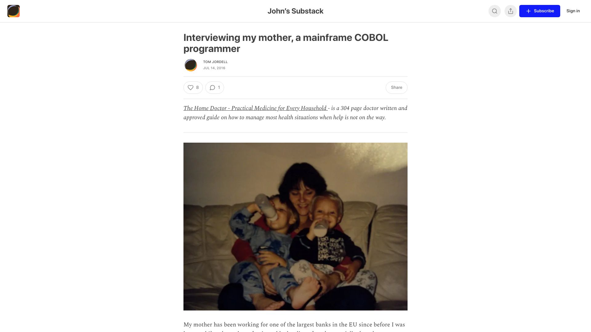 Screenshot of ezali.substack.com: Interviewing my mother, a mainframe COBOL programmer (2016)