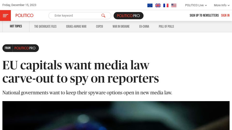 Screenshot of politico.eu: EU tweaks law to allow using spyware against journalists