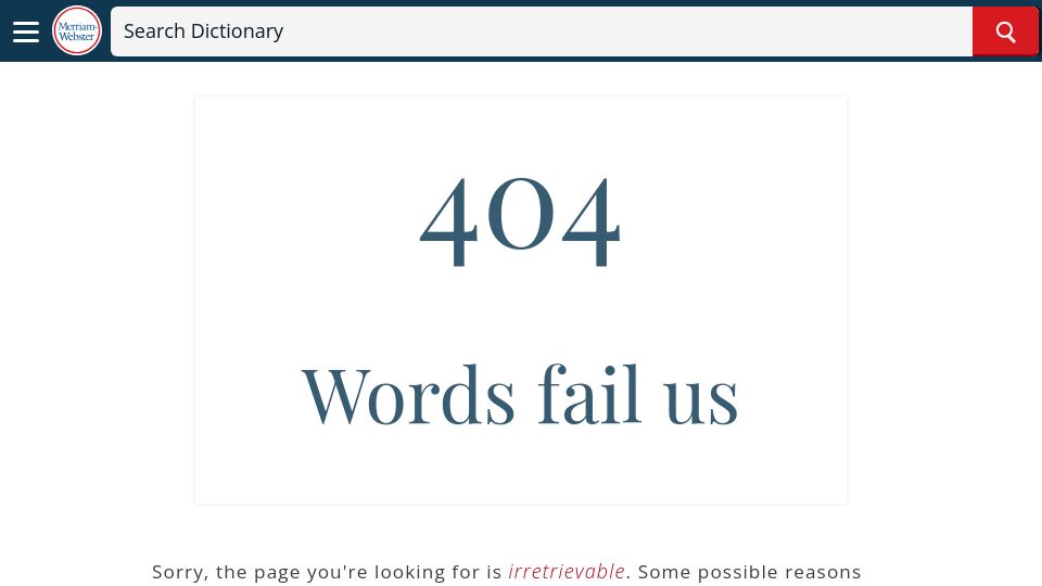 Screenshot of merriam-webster.com: Merriam-Webster's 404 Page