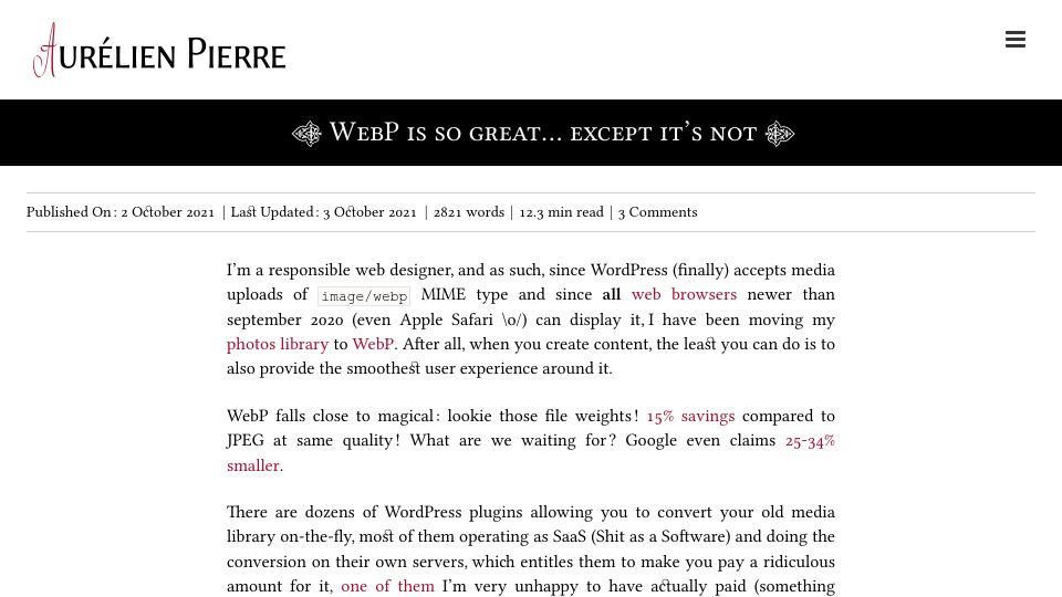 Screenshot of eng.aurelienpierre.com: WebP is so great except it's not (2021)