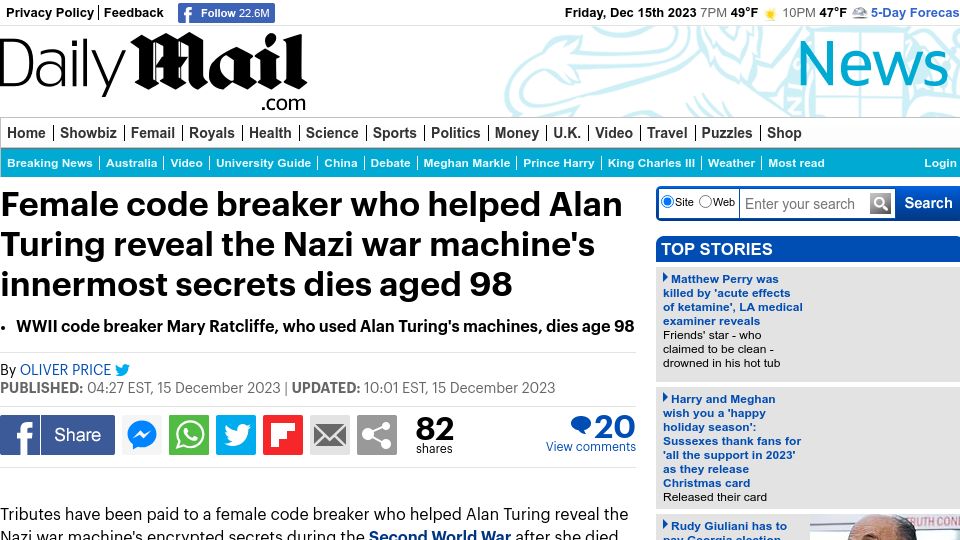 Screenshot of dailymail.co.uk: WWII code breaker Mary Ratcliffe has died