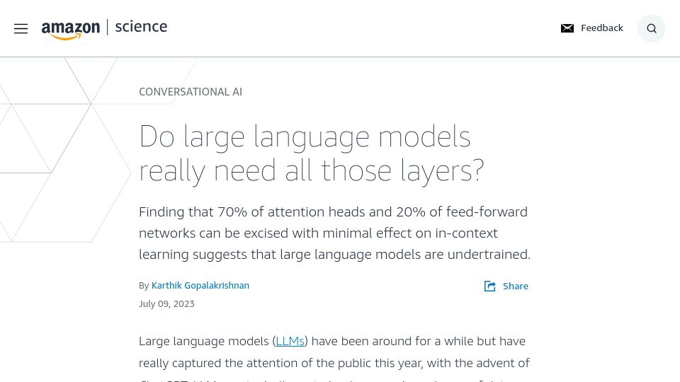 Screenshot of amazon.science: Do large language models need all those layers?