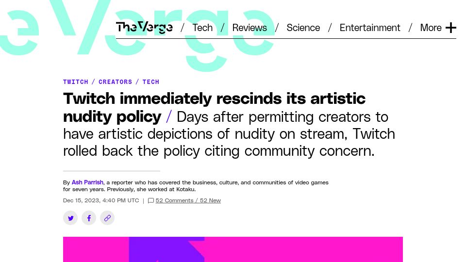 Screenshot of theverge.com: Twitch rescinds its artistic nudity policy