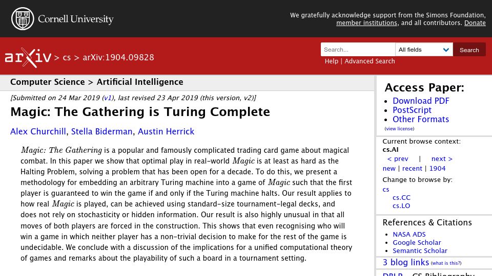 Screenshot of arxiv.org: Magic: The Gathering Is Turing Complete (2019)