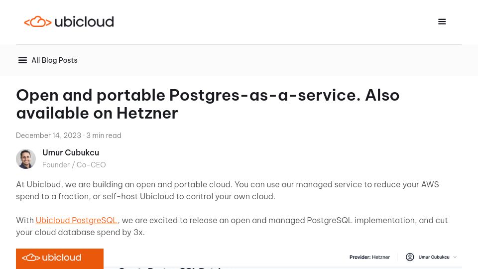 Screenshot of ubicloud.com: Open and portable Postgres-as-a-service. Also available on Hetzner