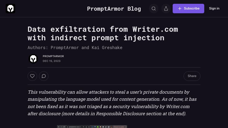 Screenshot of promptarmor.substack.com: Data exfiltration from Writer.com with indirect prompt injection