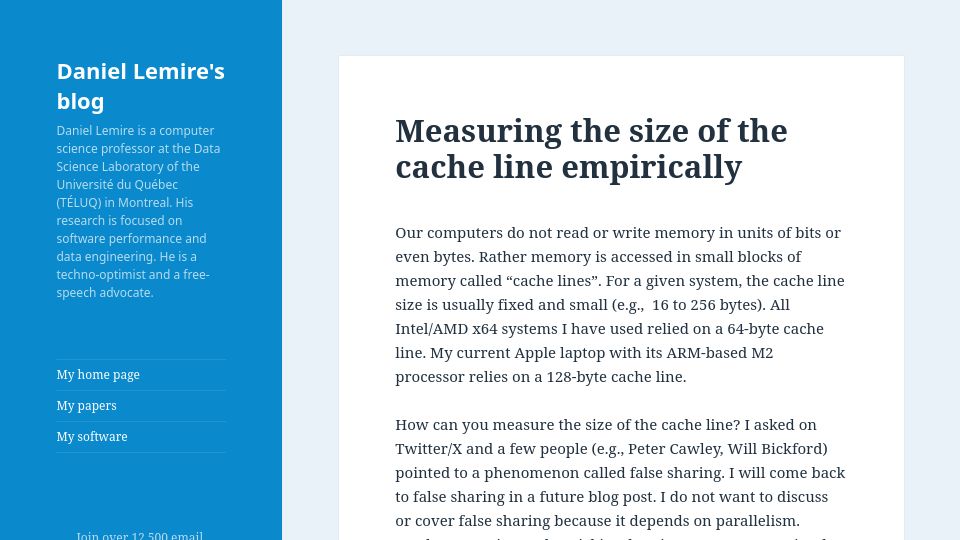 Screenshot of lemire.me: Measuring the size of the cache line empirically