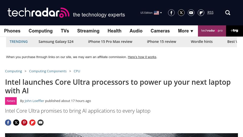 Screenshot of techradar.com: Intel launches Core Ultra processors