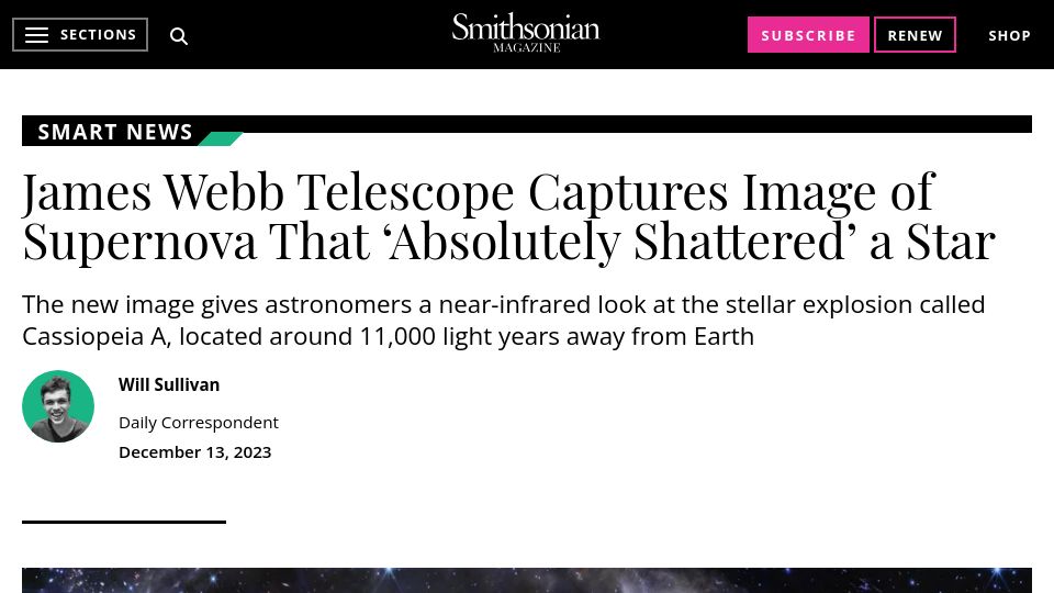 Screenshot of smithsonianmag.com: JWST Captures Image of Supernova That 'Absolutely Shattered' a Star