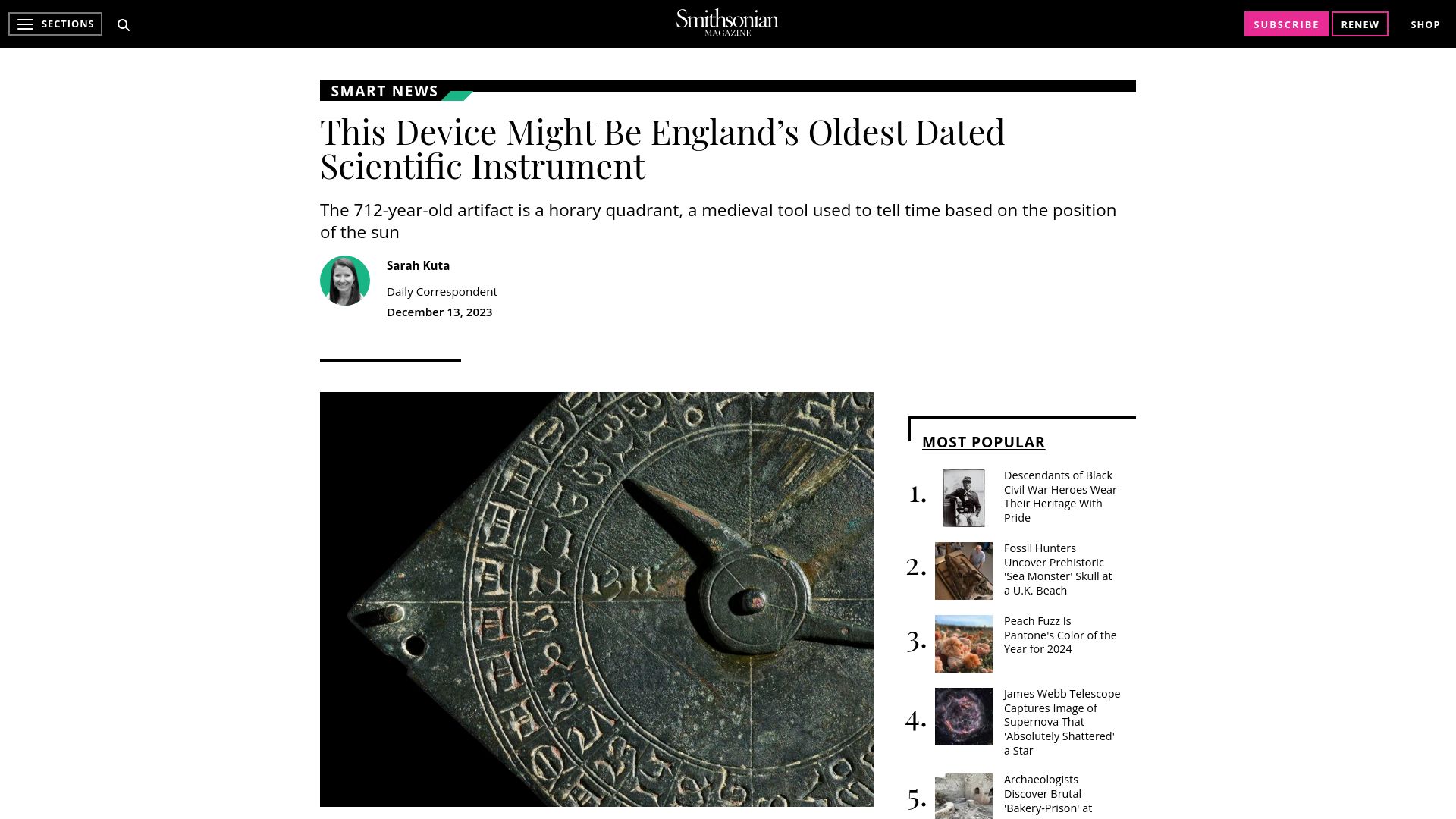 Screenshot of smithsonianmag.com: This device might be England’s oldest dated scientific instrument