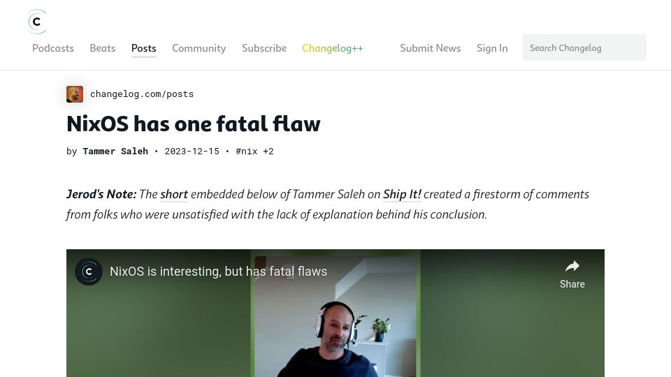 Screenshot of changelog.com: NixOS has one fatal flaw