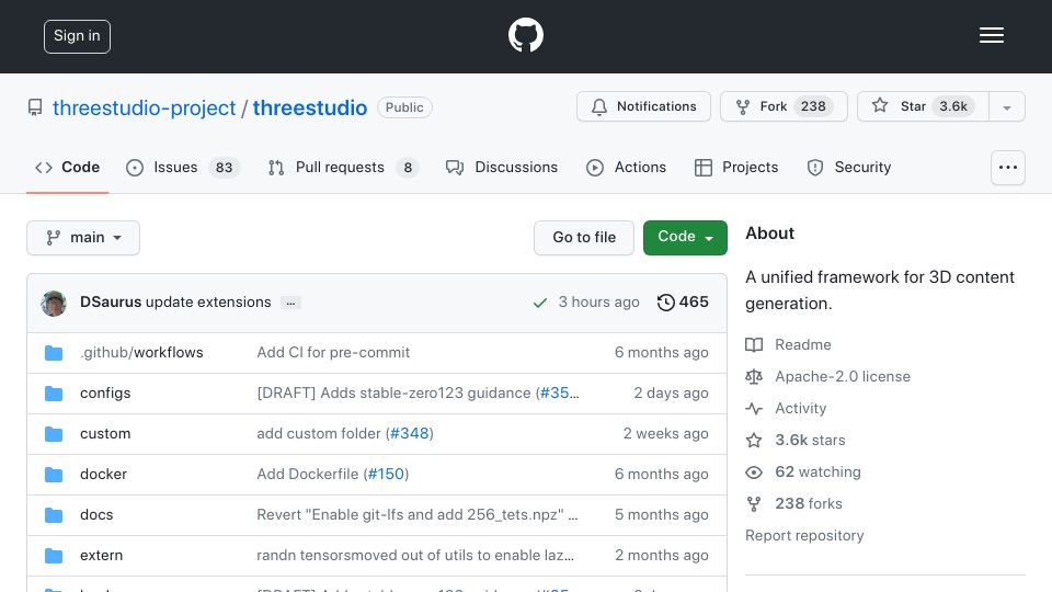 Screenshot of github.com: Threestudio – Framework for 3D content generation