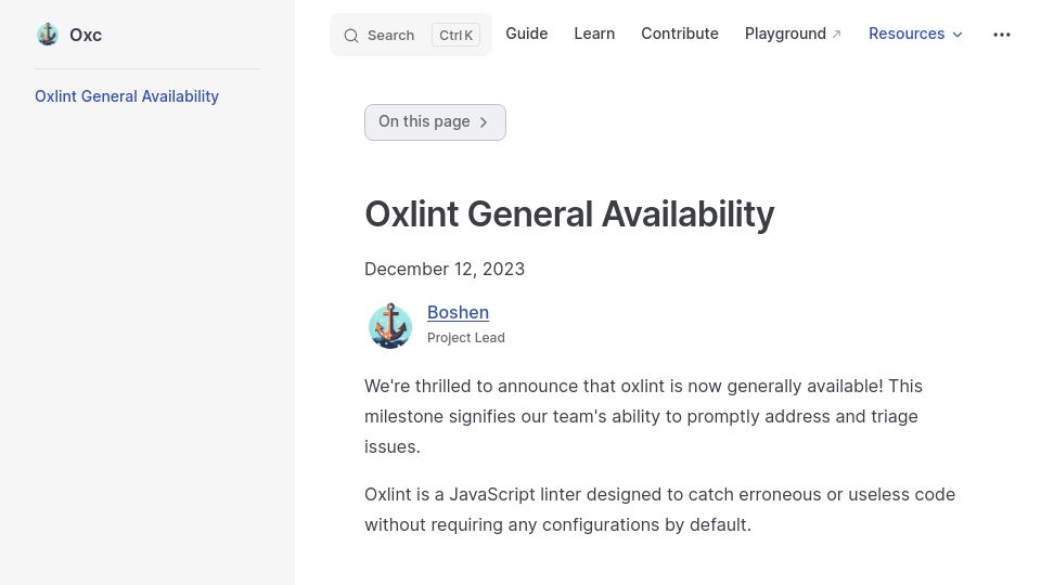 Screenshot of oxc-project.github.io: Oxlint – Faster than ESLint