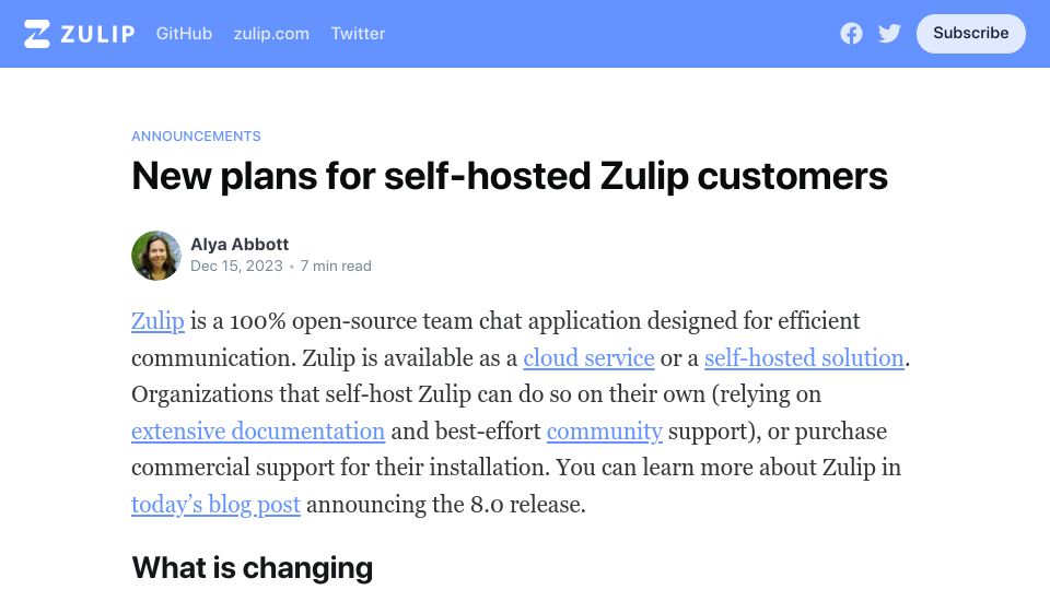 Screenshot of blog.zulip.com: New plans for self-hosted Zulip customers
