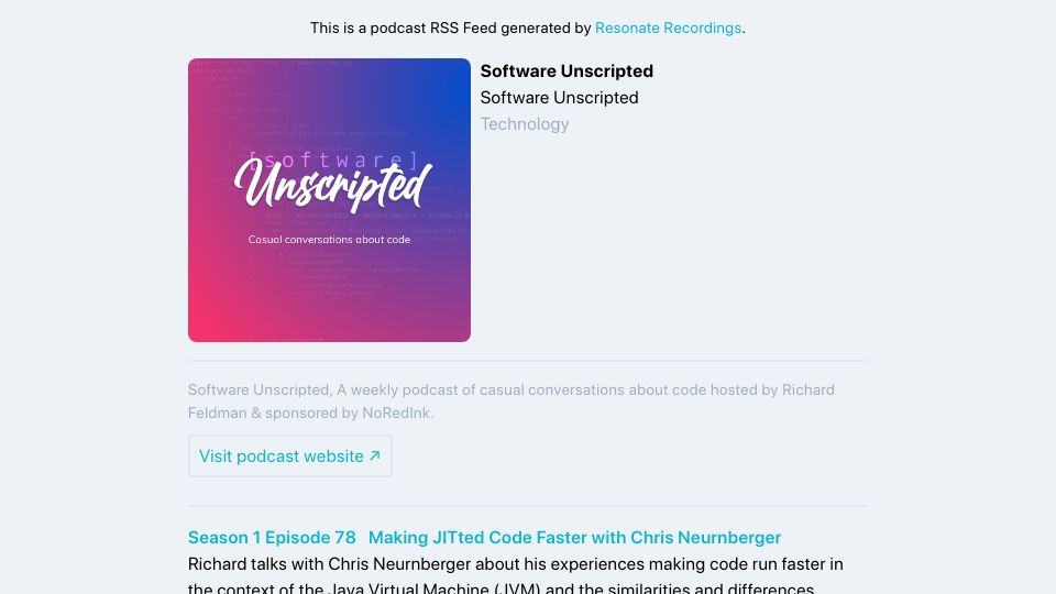 Screenshot of feeds.resonaterecordings.com: "CSS is dramatically more difficult than learning assembly language" [audio]