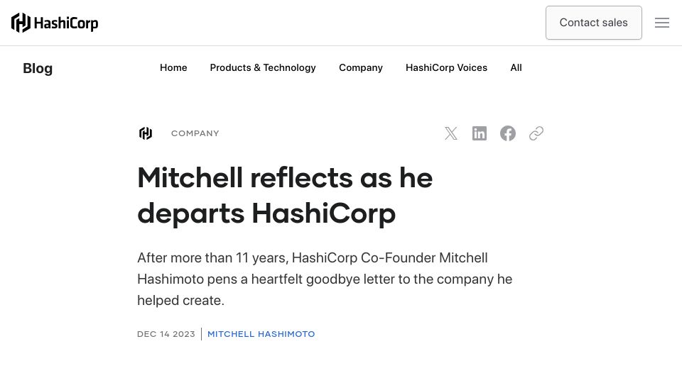 Screenshot of hashicorp.com: Mitchell reflects as he departs HashiCorp