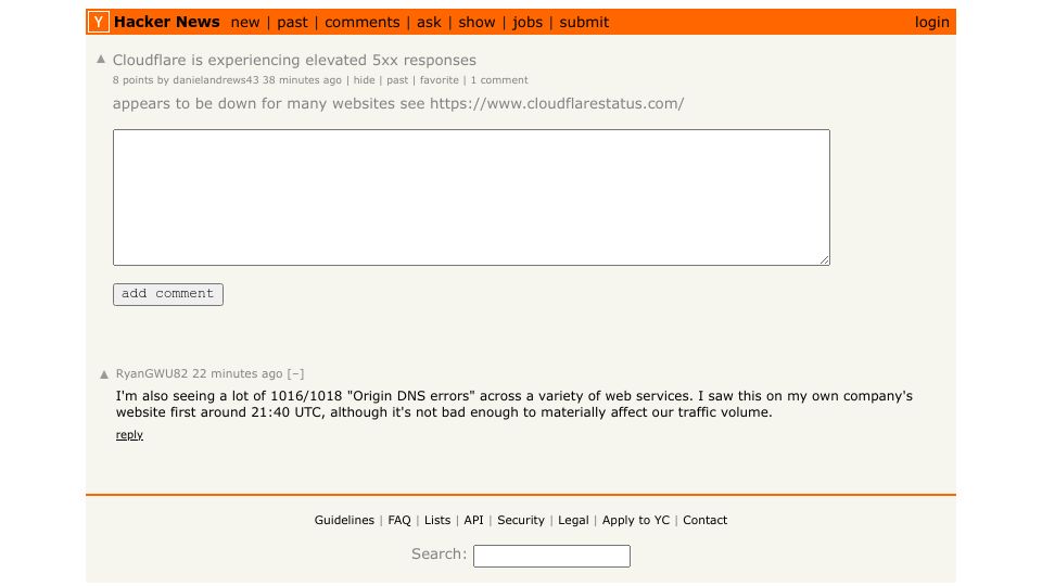 Screenshot of Hacker News post: Cloudflare is experiencing elevated 5xx responses